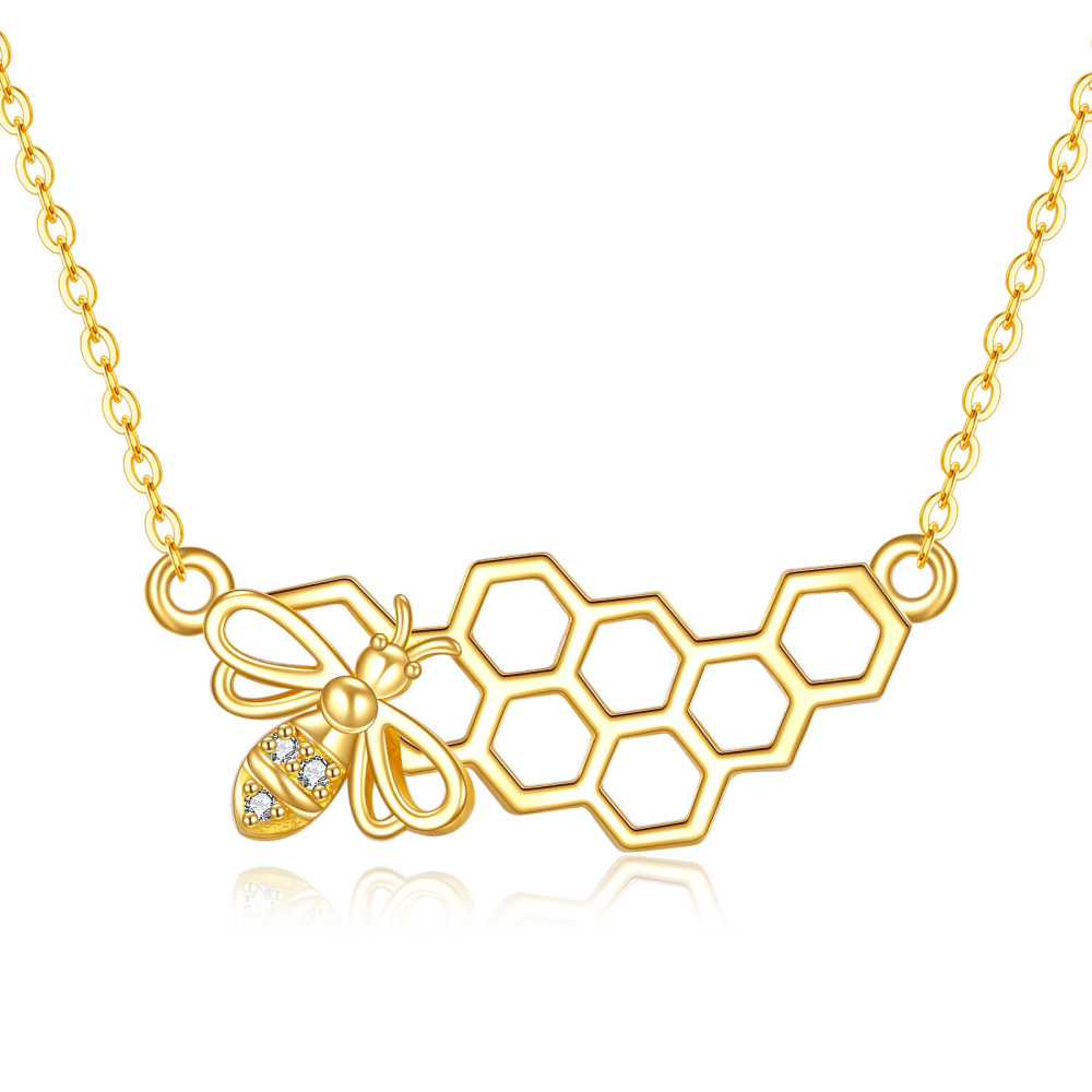 10K Gold Circular Shaped Cubic Zirconia Bees Pendant Necklace-1