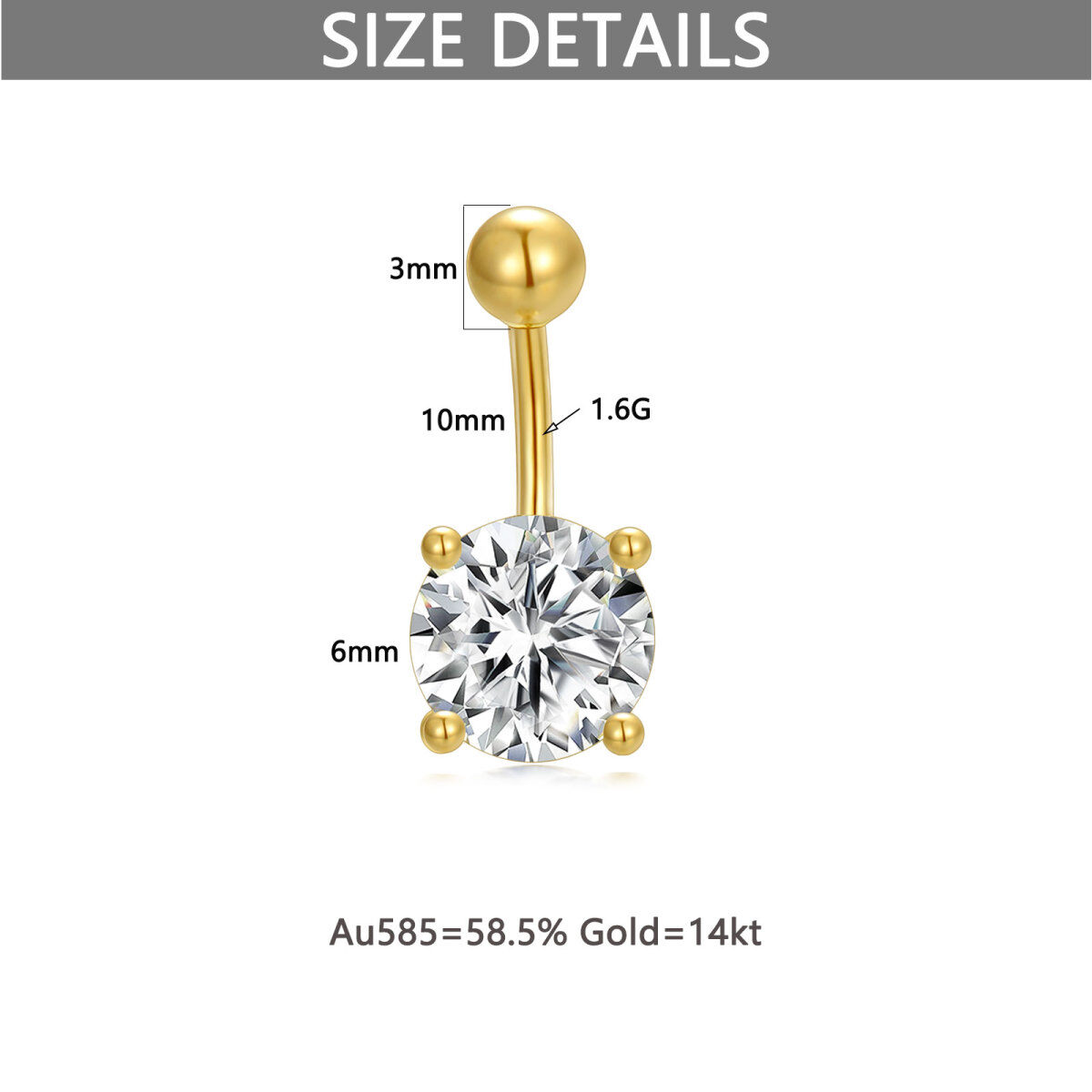 10K Gold Circular Shaped Cubic Zirconia Belly Button Ring-6