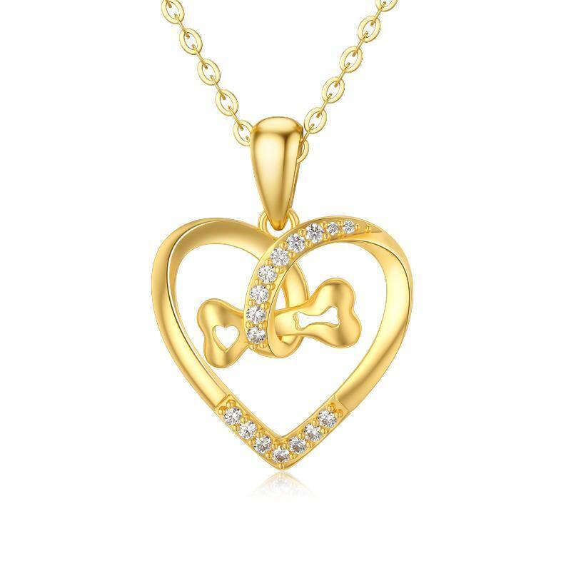 10K Gold Circular Cubic Zirconia Bone Heart With Heart Pendant Necklace For Women-1