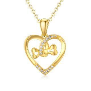 10K Gold Circular Cubic Zirconia Bone Heart With Heart Pendant Necklace For Women-58