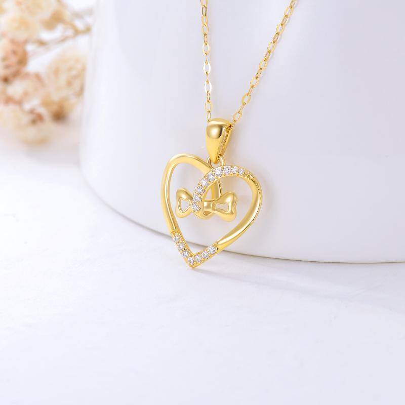 10K Gold Circular Cubic Zirconia Bone Heart With Heart Pendant Necklace For Women-3