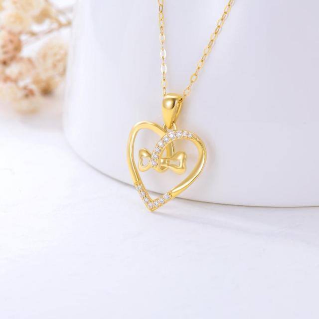 14K Gold Circular Shaped Cubic Zirconia Bone & Heart With Heart Pendant Necklace-3