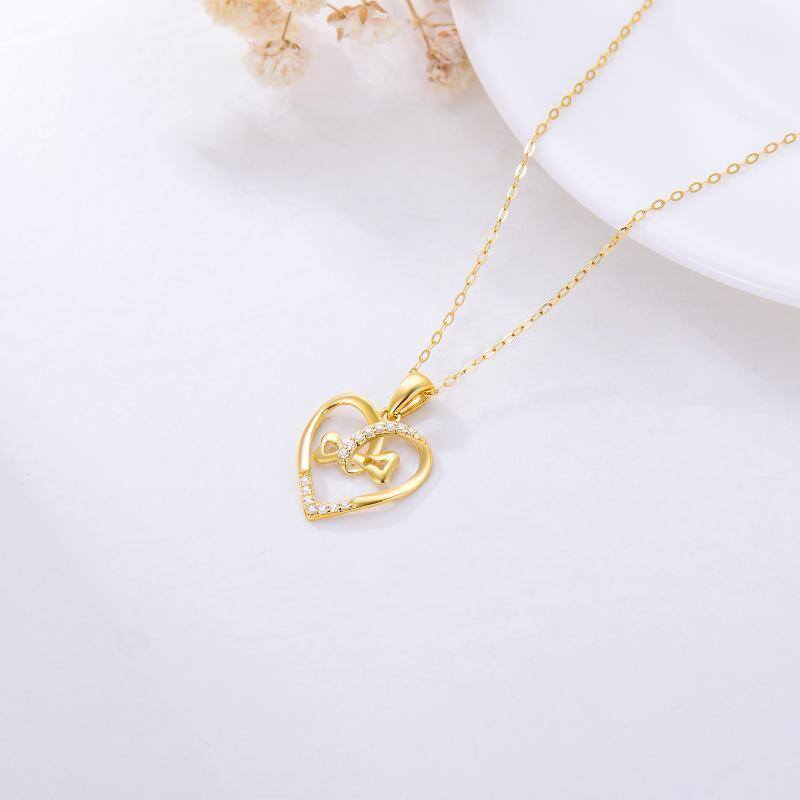 10K Gold Circular Cubic Zirconia Bone Heart With Heart Pendant Necklace For Women-4