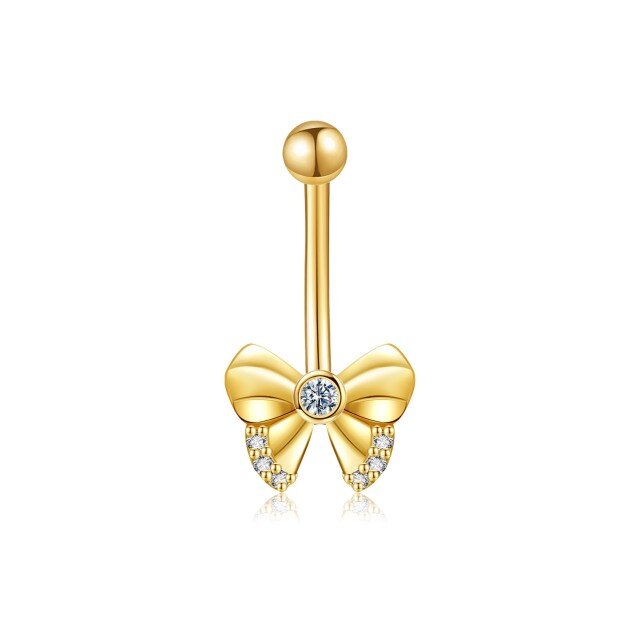 Bauchnabelpiercing aus 14 Karat Gold mit kreisförmigem Zirkonia und Schleife-1