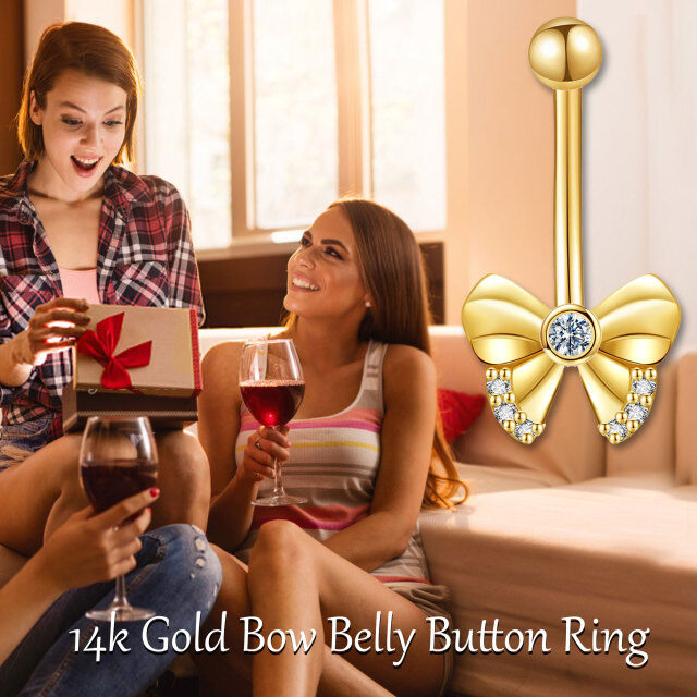 14K Gold Circular Shaped Cubic Zirconia Bow Belly Button Ring-6