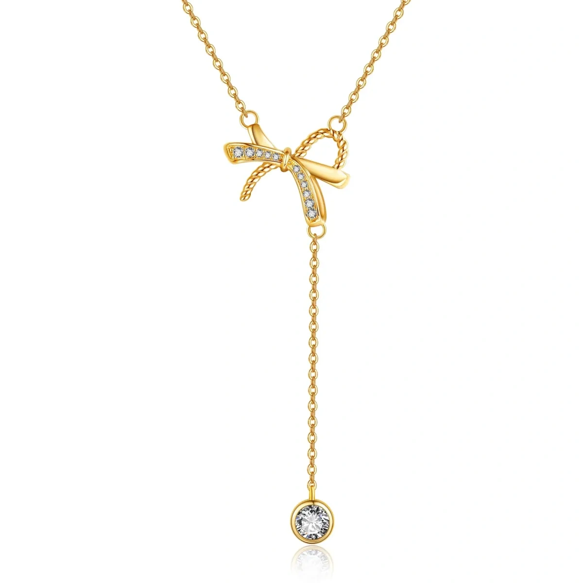 14K Gold Circular Shaped Cubic Zirconia Bow Non-adjustable Y-Necklace-1