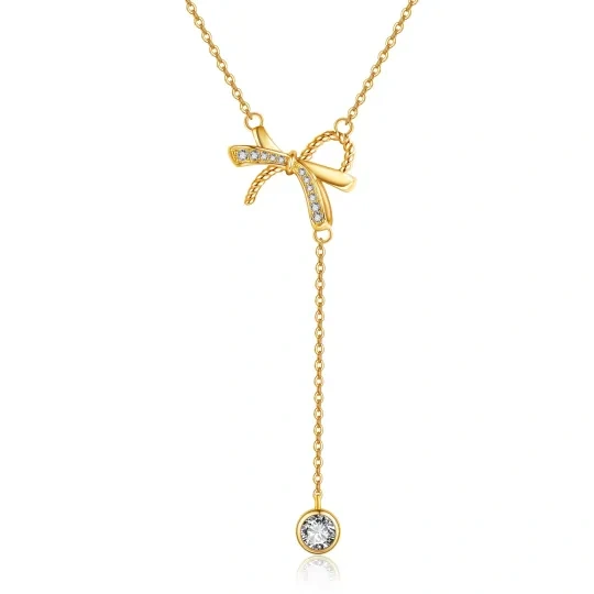 14K Gold Circular Shaped Cubic Zirconia Bow Non-adjustable Y-Necklace