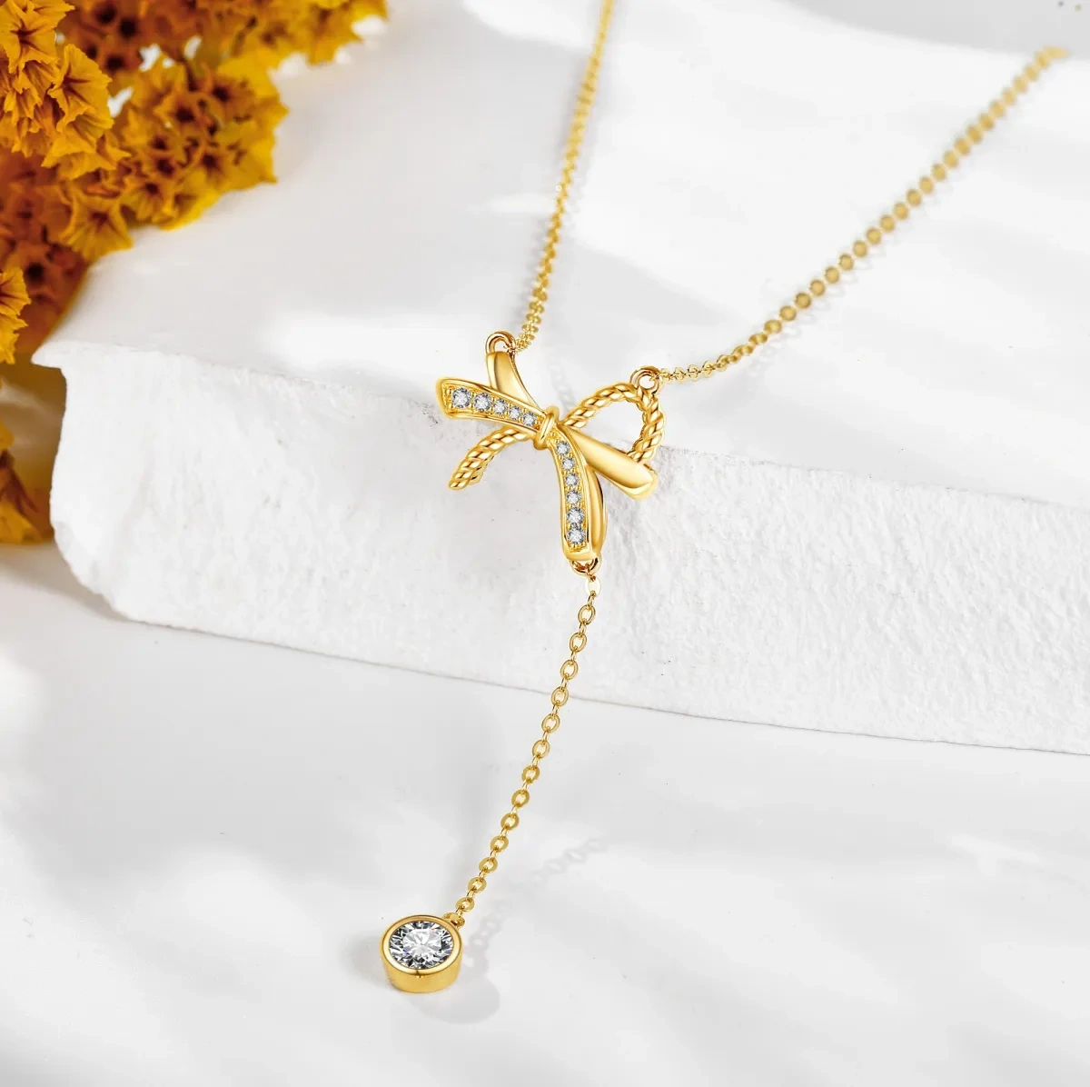 Collana a Y non regolabile con fiocco di zirconia cubica a forma circolare in oro 14K-4