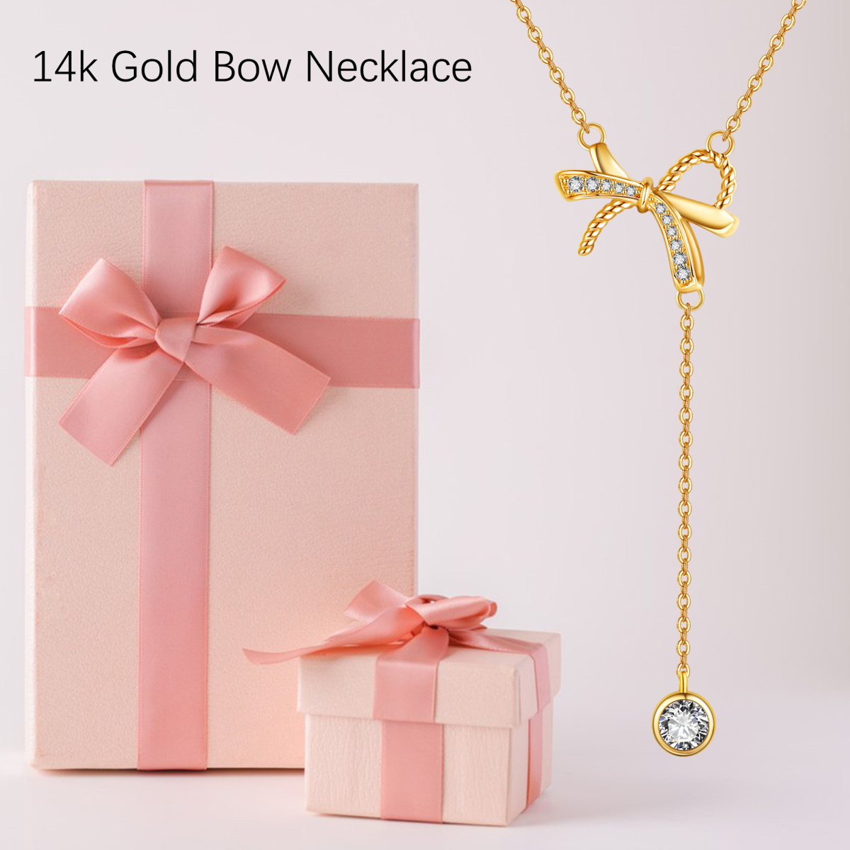 Collana a Y non regolabile con fiocco di zirconia cubica a forma circolare in oro 14K-6