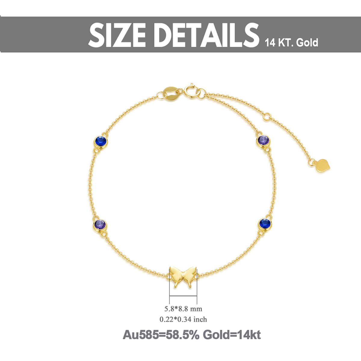 Pulsera colgante de oro de 14 quilates con forma circular de circonita cúbica y mariposa-5