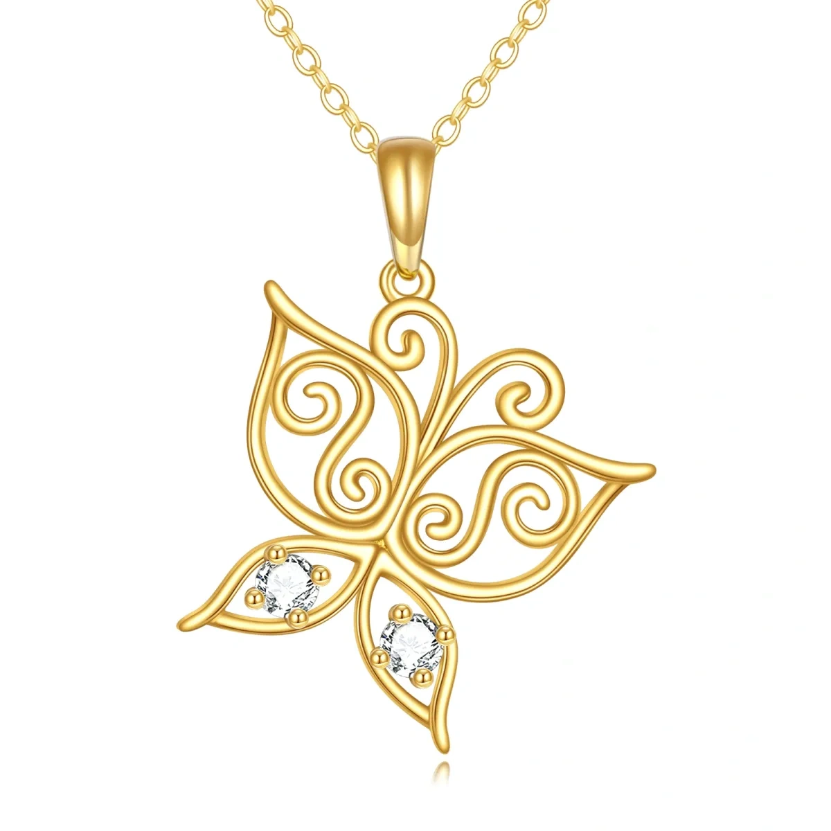 10K Gold Circular Shaped Cubic Zirconia Butterfly Pendant Necklace-1