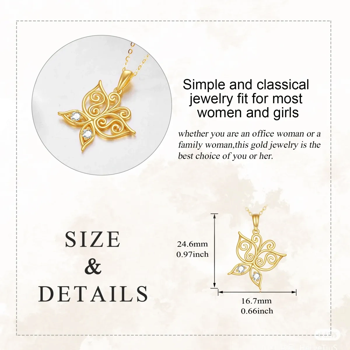 10K Gold Circular Shaped Cubic Zirconia Butterfly Pendant Necklace-5