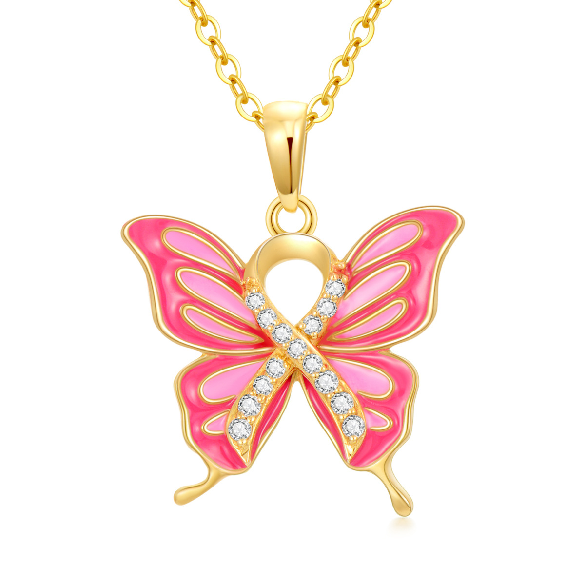 10K Gold Circular Shaped Cubic Zirconia Butterfly Pendant Necklace-1