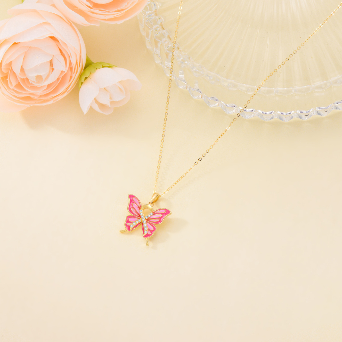 10K Gold Circular Shaped Cubic Zirconia Butterfly Pendant Necklace-3