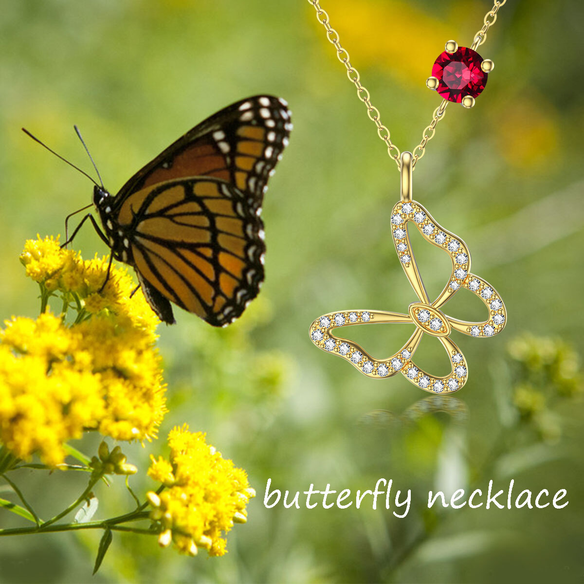 10K Gold Circular Shaped Cubic Zirconia Butterfly Pendant Necklace-4