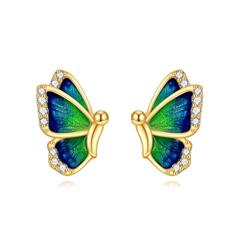 Boucles d'oreilles à tige en forme de papillon en or 14 carats avec zircone cubique de forme circulaire