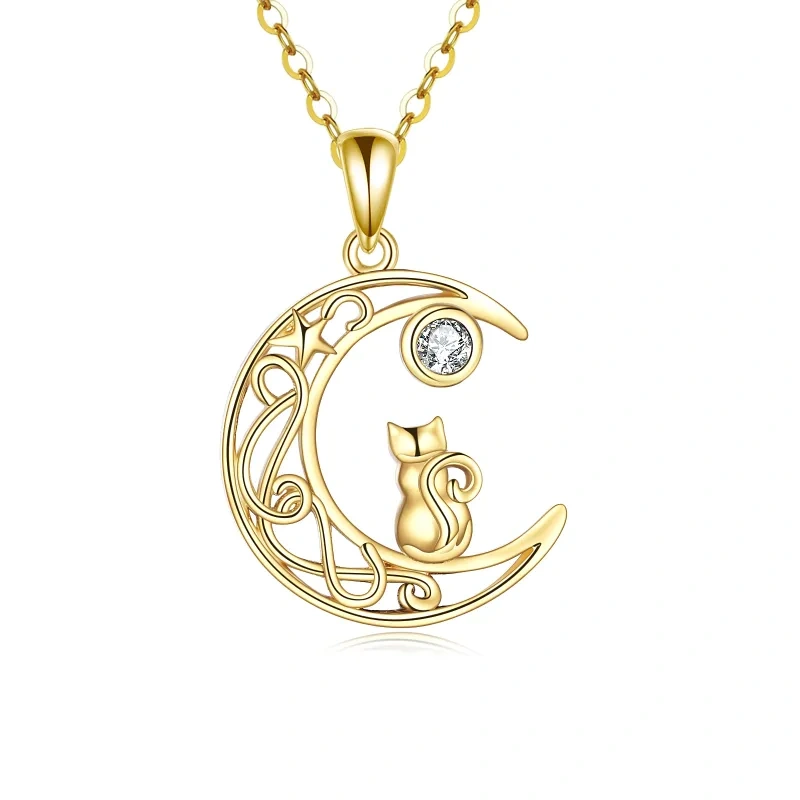 10K Gold Circular Shaped Cubic Zirconia Cat & Moon Pendant Necklace-14