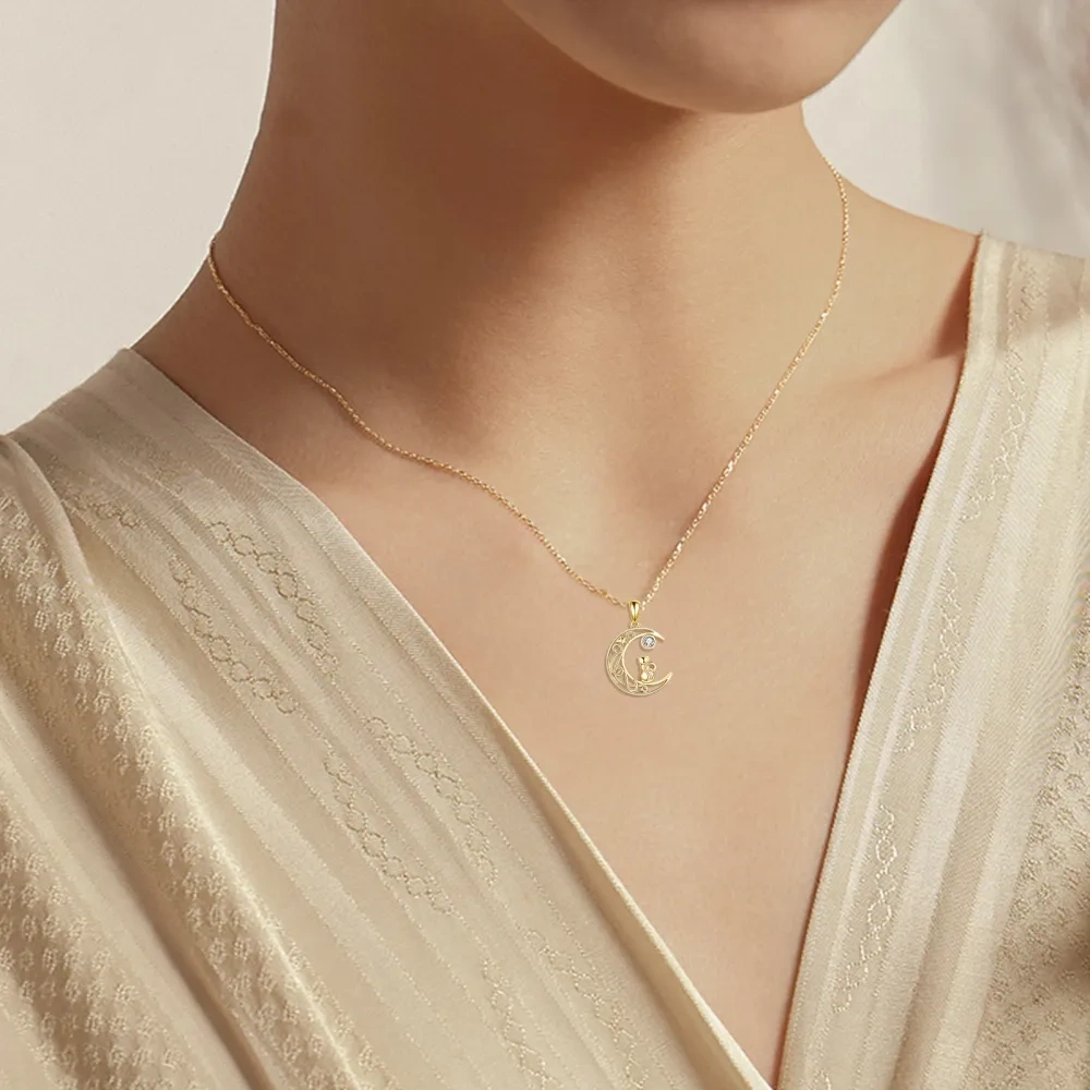 10K Gold Circular Shaped Cubic Zirconia Cat & Moon Pendant Necklace-2