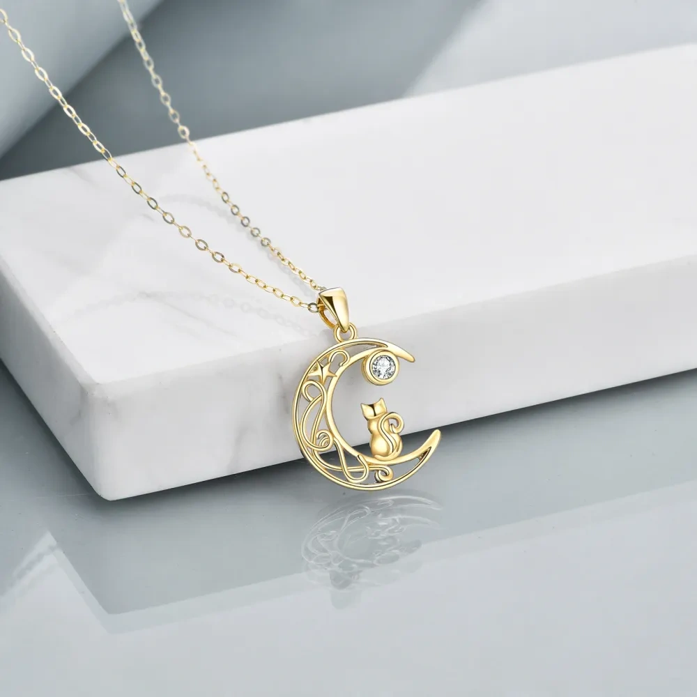 10K Gold Circular Shaped Cubic Zirconia Cat & Moon Pendant Necklace-3