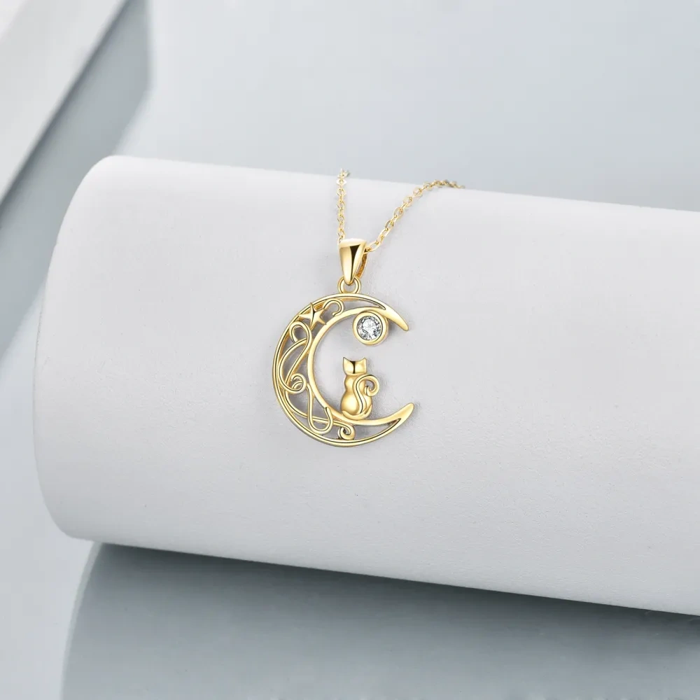 10K Gold Circular Shaped Cubic Zirconia Cat & Moon Pendant Necklace-4