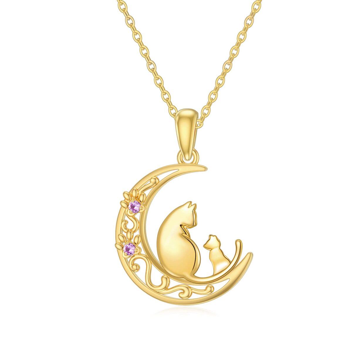 14K Gold Circular Shaped Cubic Zirconia Cat & Paw & Moon Pendant Necklace-1