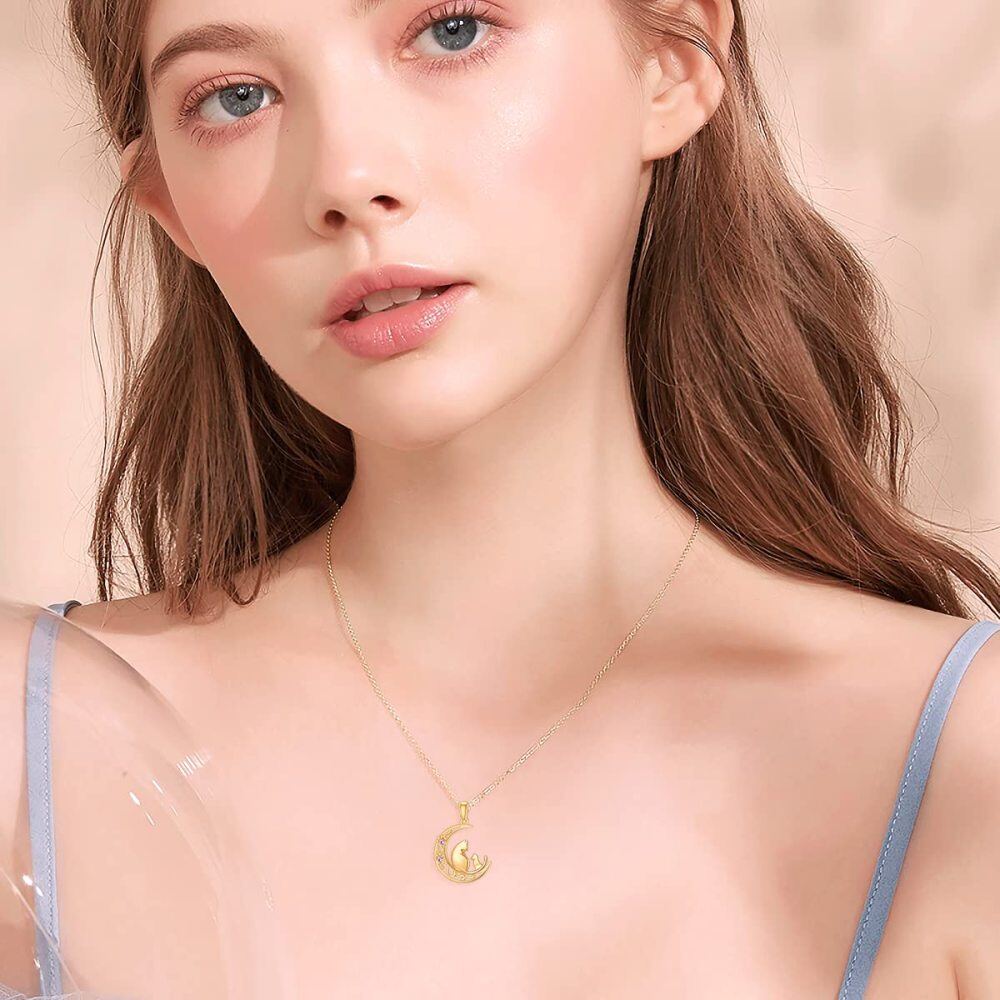 10K Gold Cubic Zirconia Cat Paw And Moon Pendant Necklace For Women-2