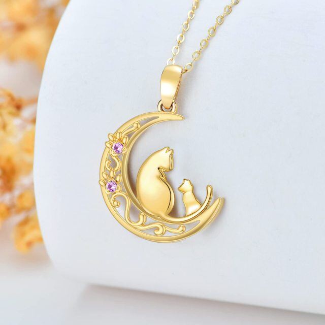 14K Gold Circular Shaped Cubic Zirconia Cat & Paw & Moon Pendant Necklace-3