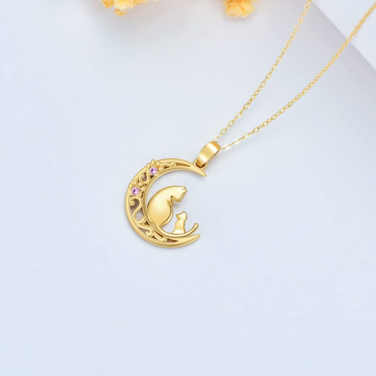 14K Gold Circular Shaped Cubic Zirconia Cat & Paw & Moon Pendant Necklace-4