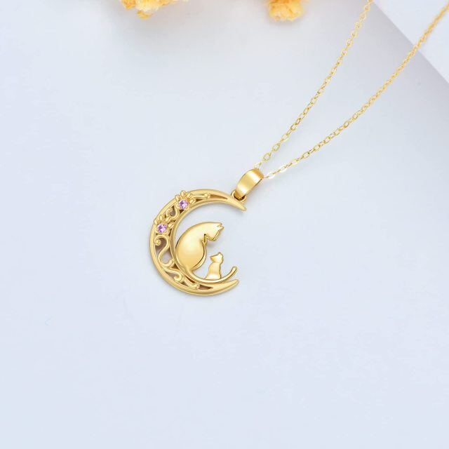 Collier en or 14K à zircon cubique avec pendentif chat, patte et lune-4