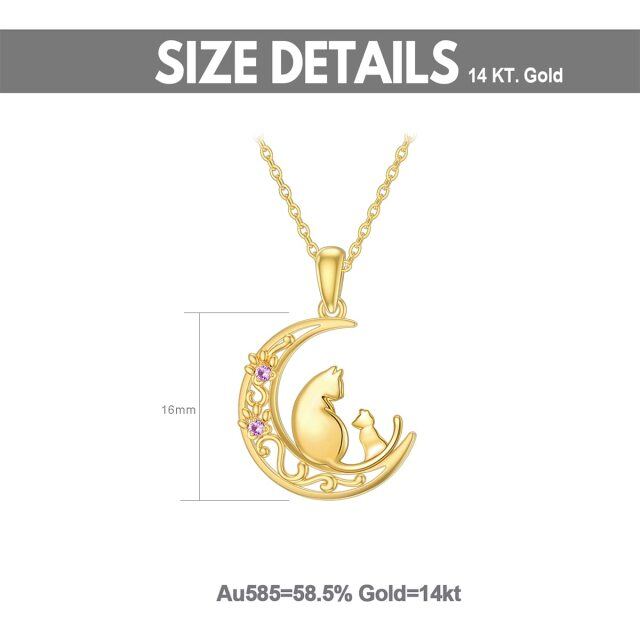 14K Gold Circular Shaped Cubic Zirconia Cat & Paw & Moon Pendant Necklace-5