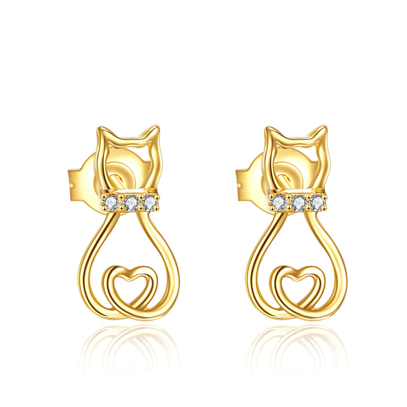 10K Gold Circular Shaped Cubic Zirconia Cat Stud Earrings-1