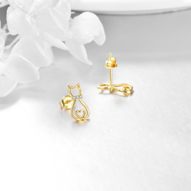 14K Gold Circular Shaped Cubic Zirconia Cat Stud Earrings-3