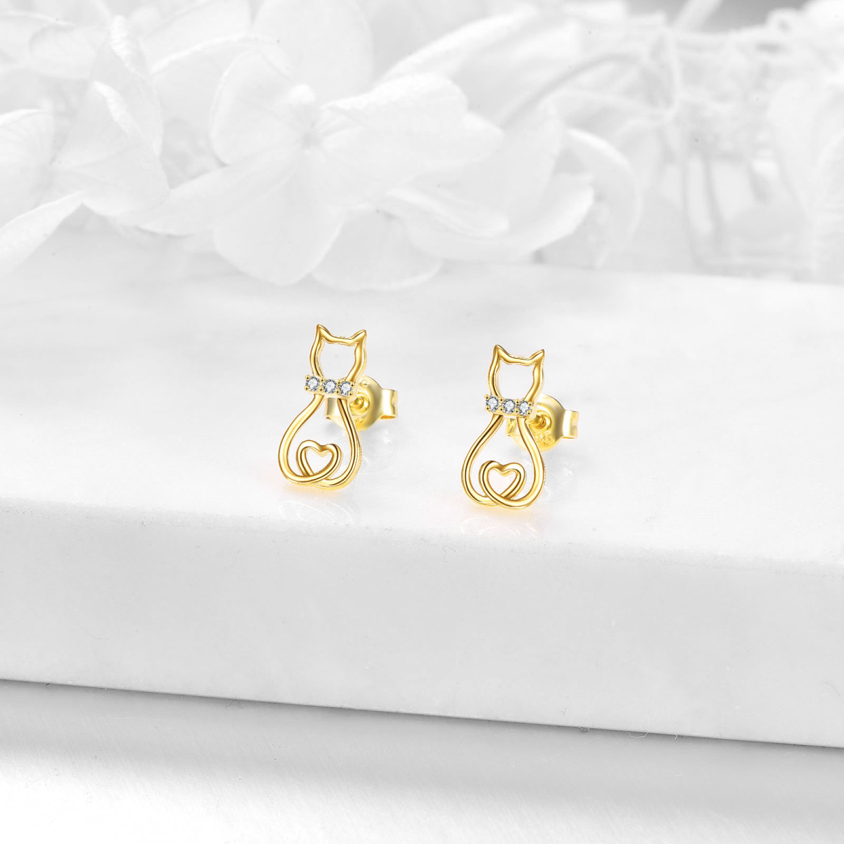 10K Gold Circular Shaped Cubic Zirconia Cat Stud Earrings-4