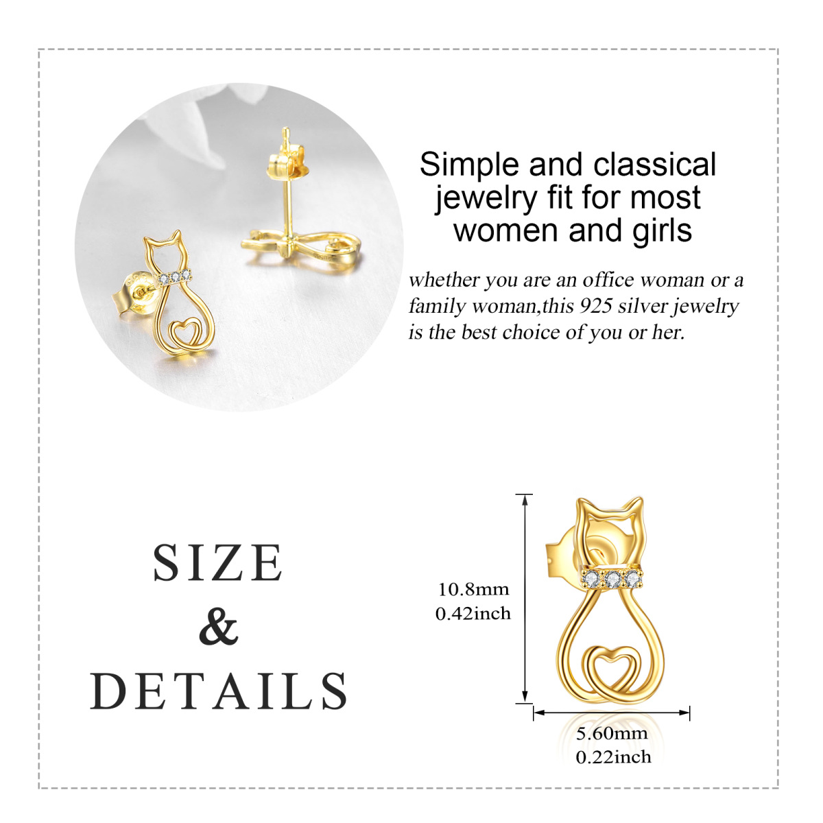 14K Gold Circular Shaped Cubic Zirconia Cat Stud Earrings-5