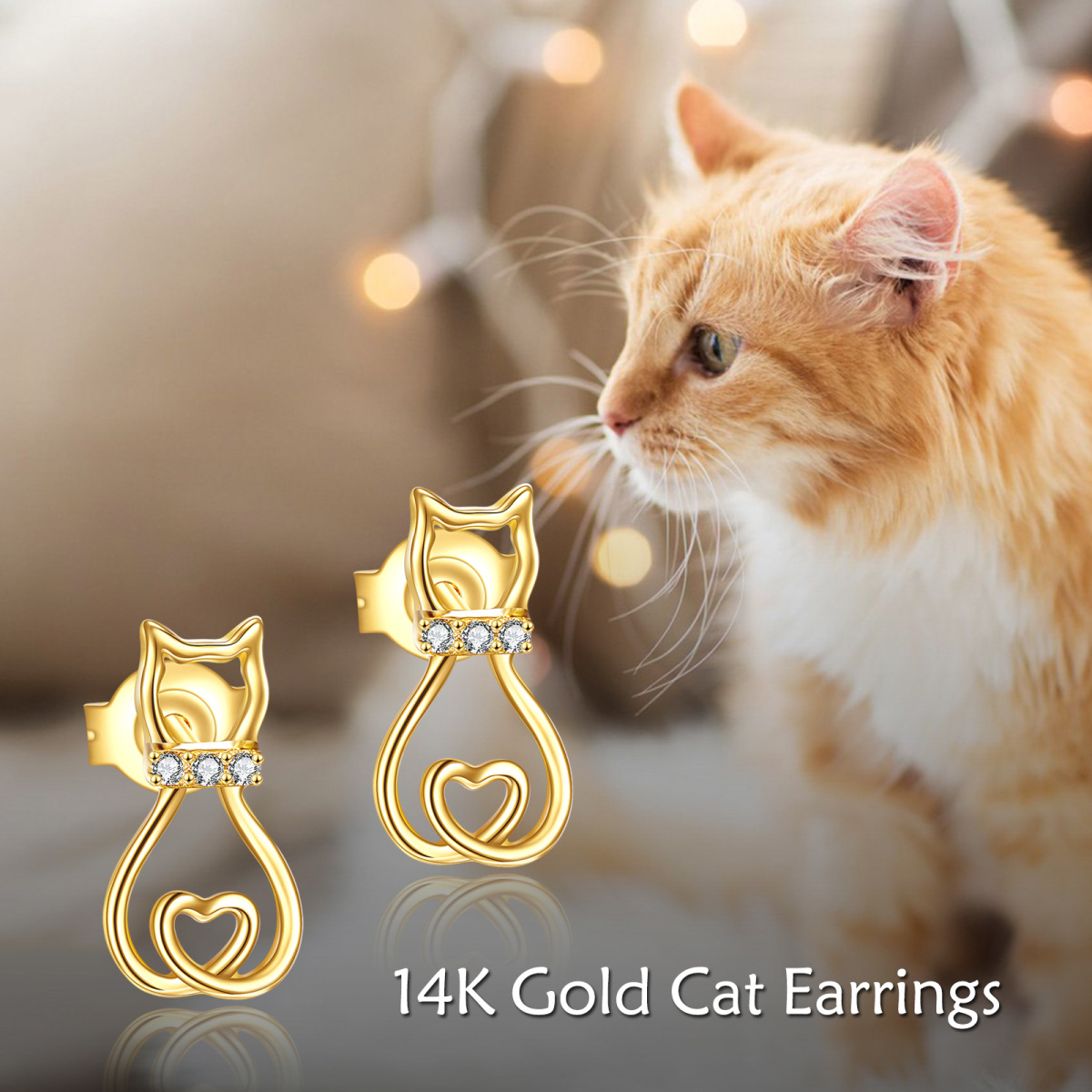 10K Gold Circular Shaped Cubic Zirconia Cat Stud Earrings-6