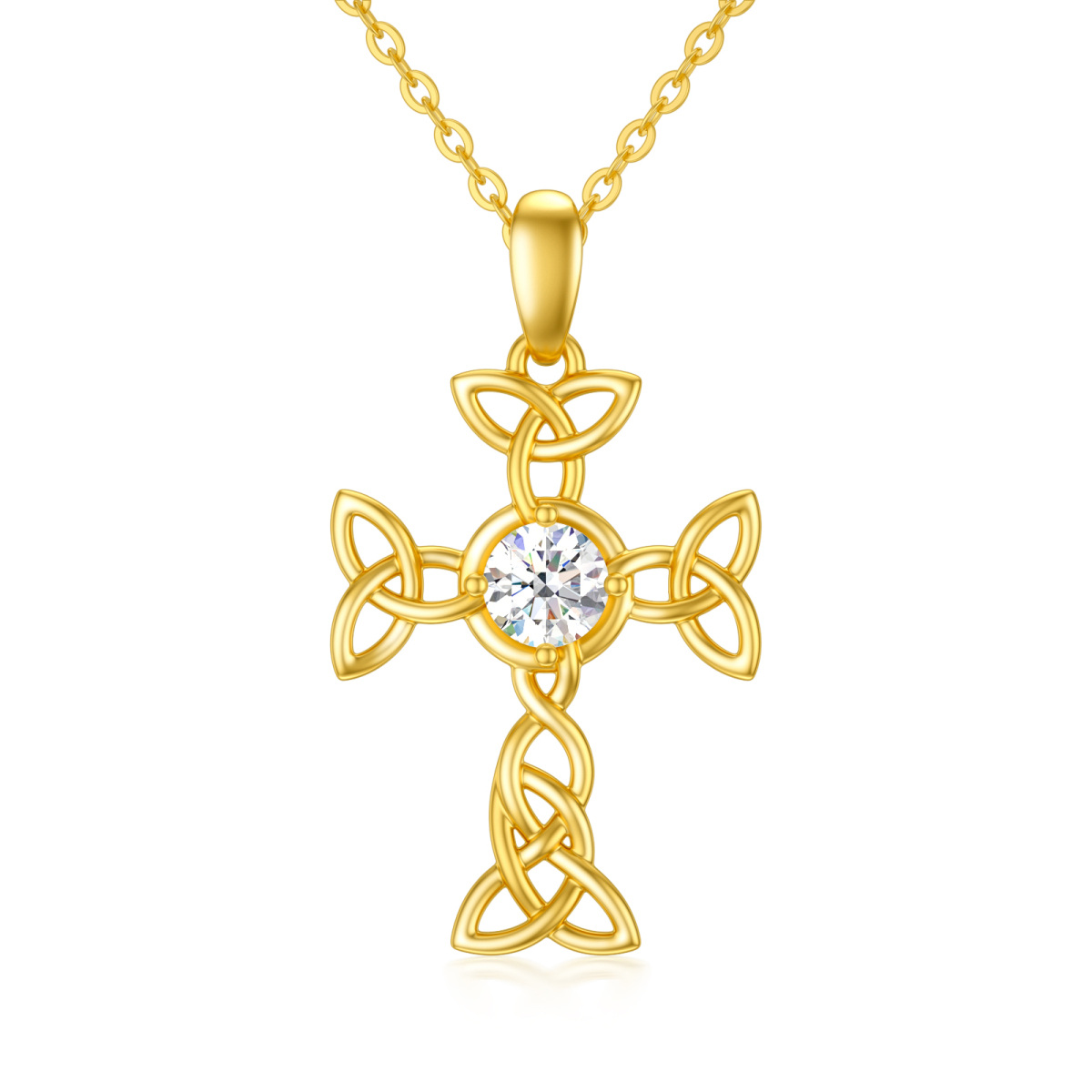 10K Gold Circular Shaped Cubic Zirconia Celtic Knot & Cross Pendant Necklace-1