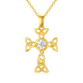 10K Gold Circular Shaped Cubic Zirconia Celtic Knot & Cross Pendant Necklace-46