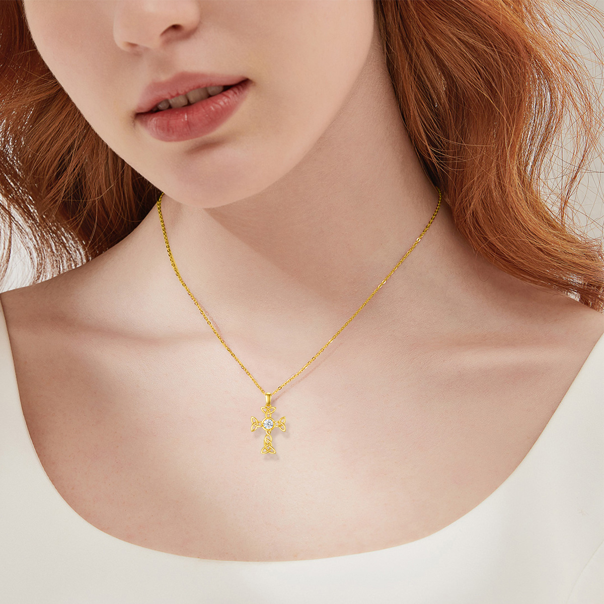 Collana con nodo e croce celtica a forma di cerchio in oro 14K con zirconi cubici-2