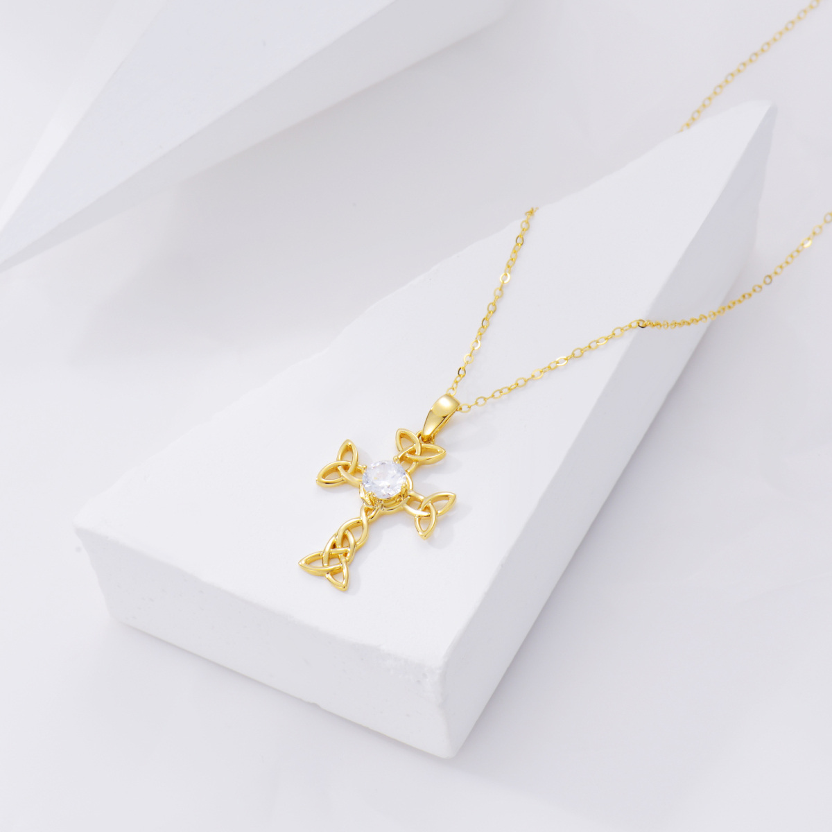 14K Gold kreisförmig kubischer Zirkonia keltischer Knoten & Kreuz Anhänger Halskette-3