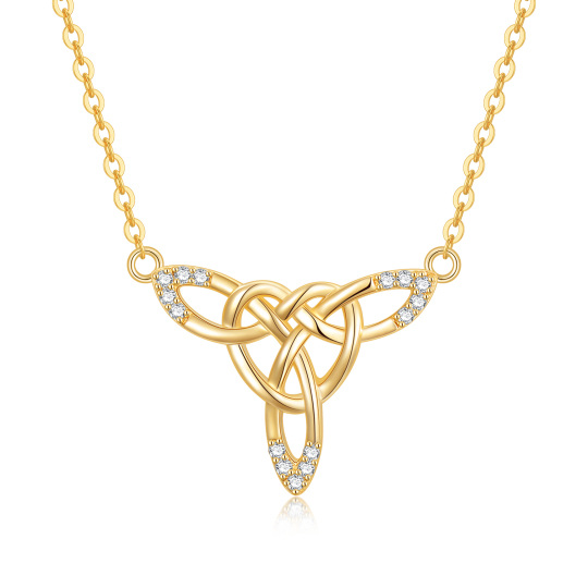 14K Gold Circular Shaped Cubic Zirconia Celtic Knot Pendant Necklace