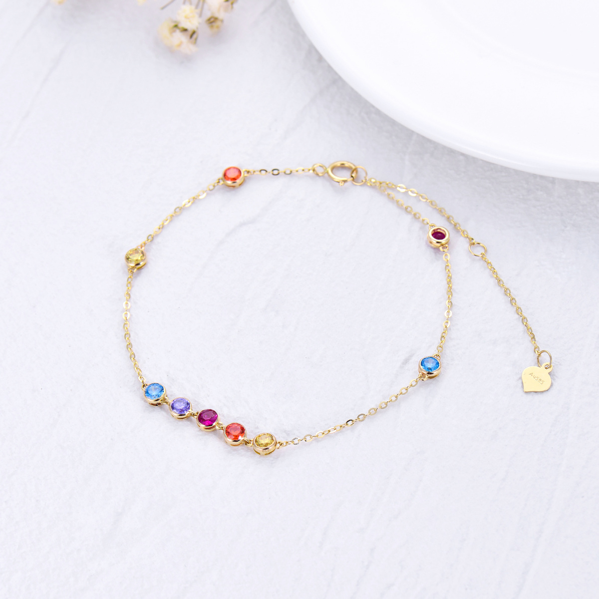 10K Gold Circular Shaped Cubic Zirconia Chakras Single Layer Anklet-4