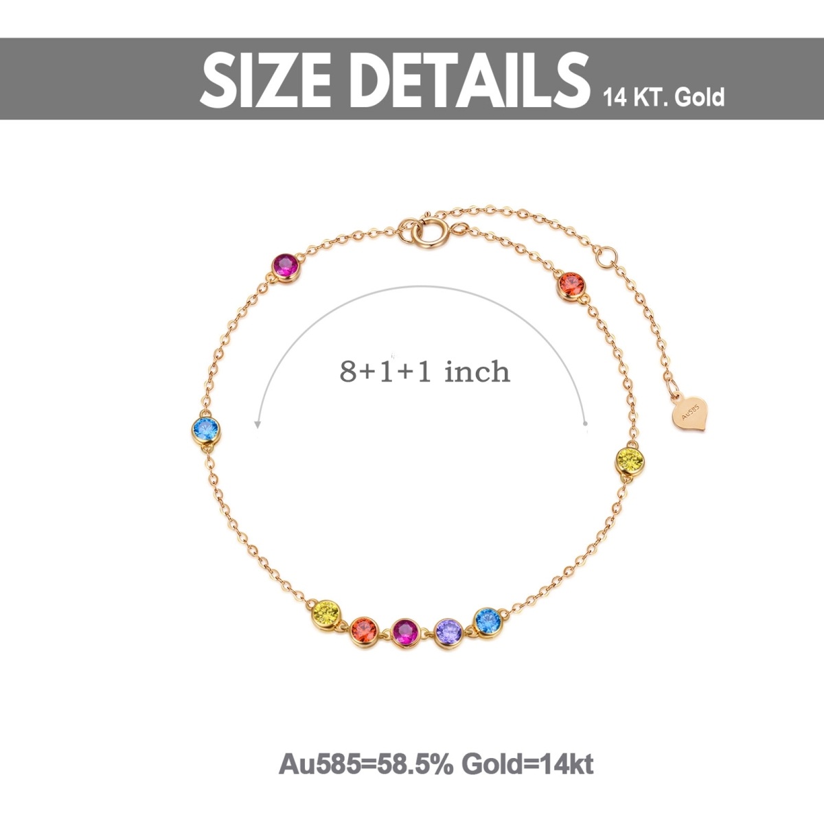 10K Gold Circular Shaped Cubic Zirconia Chakras Single Layer Anklet-6