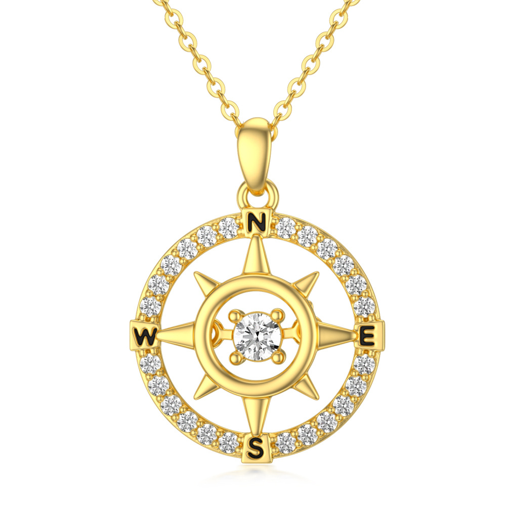 10K Gold Circular Cubic Zirconia Compass Pendant Necklace With Letter For Women-1