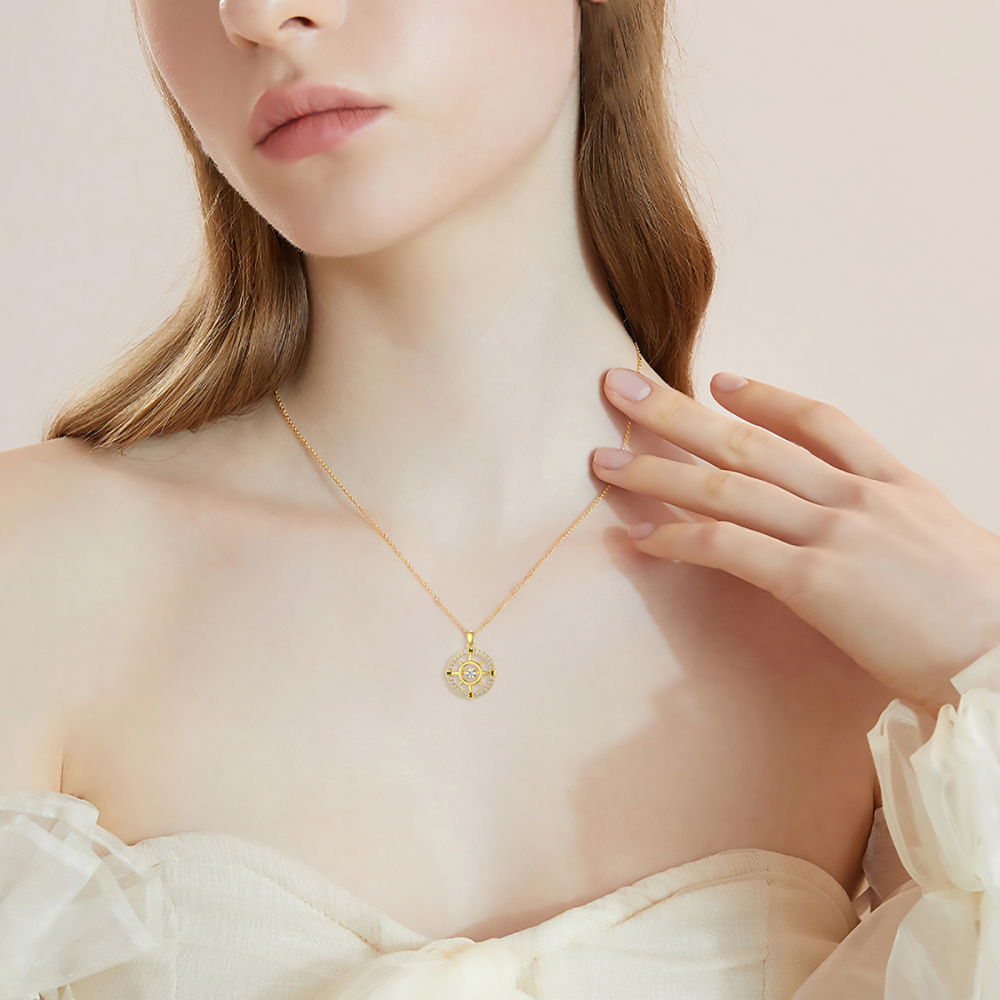 10K Gold Circular Cubic Zirconia Compass Pendant Necklace With Letter For Women-2