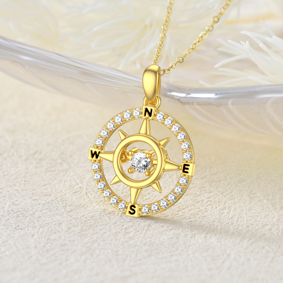 14K Gold Circular Cubic Zirconia Compass Pendant Necklace With Letter For Women-3