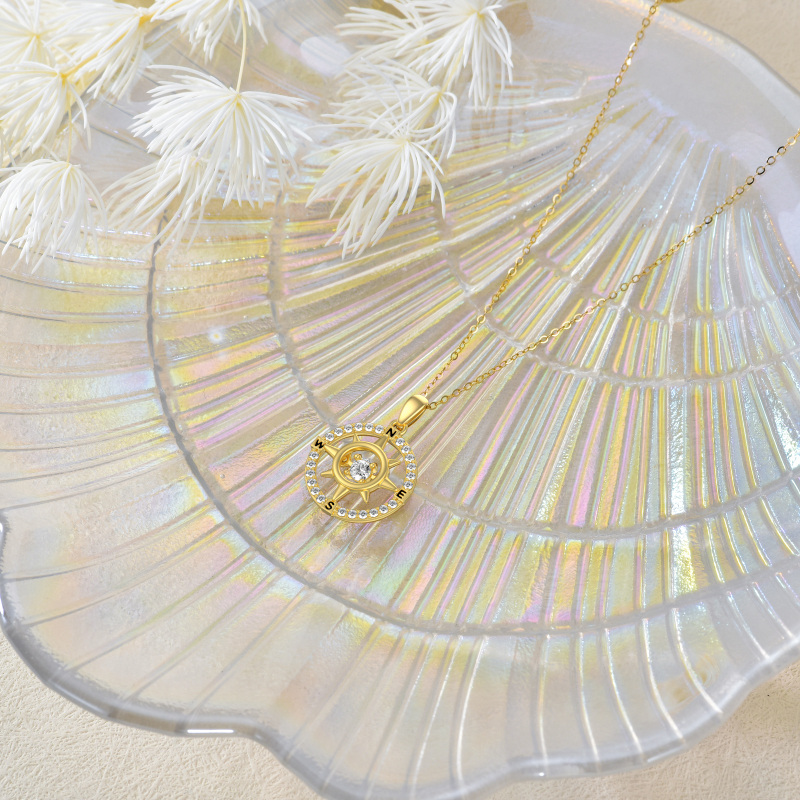 10K Gold Circular Cubic Zirconia Compass Pendant Necklace With Letter For Women-4