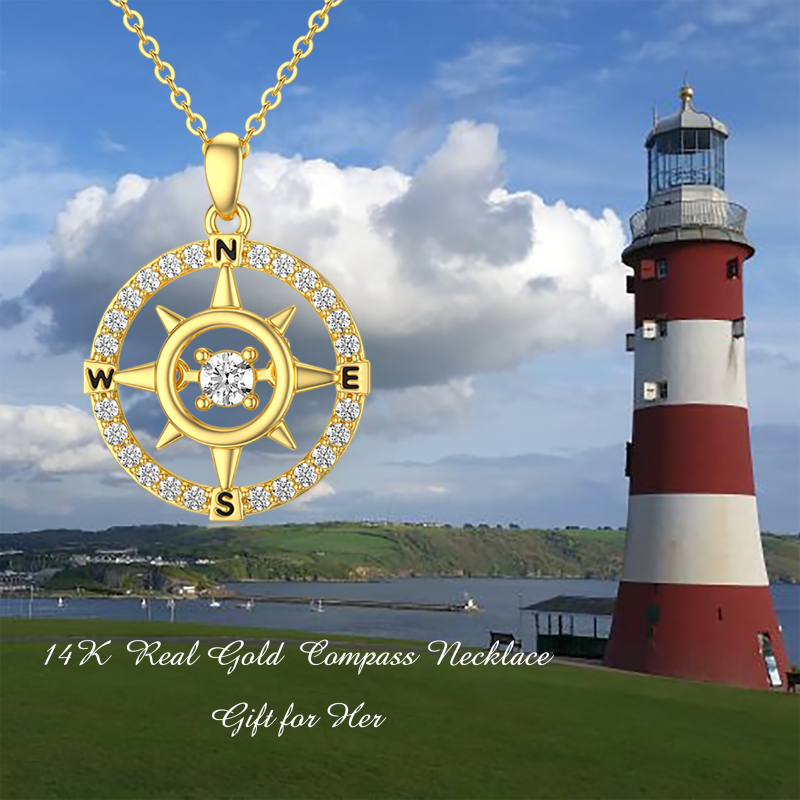 10K Gold Circular Cubic Zirconia Compass Pendant Necklace With Letter For Women-5