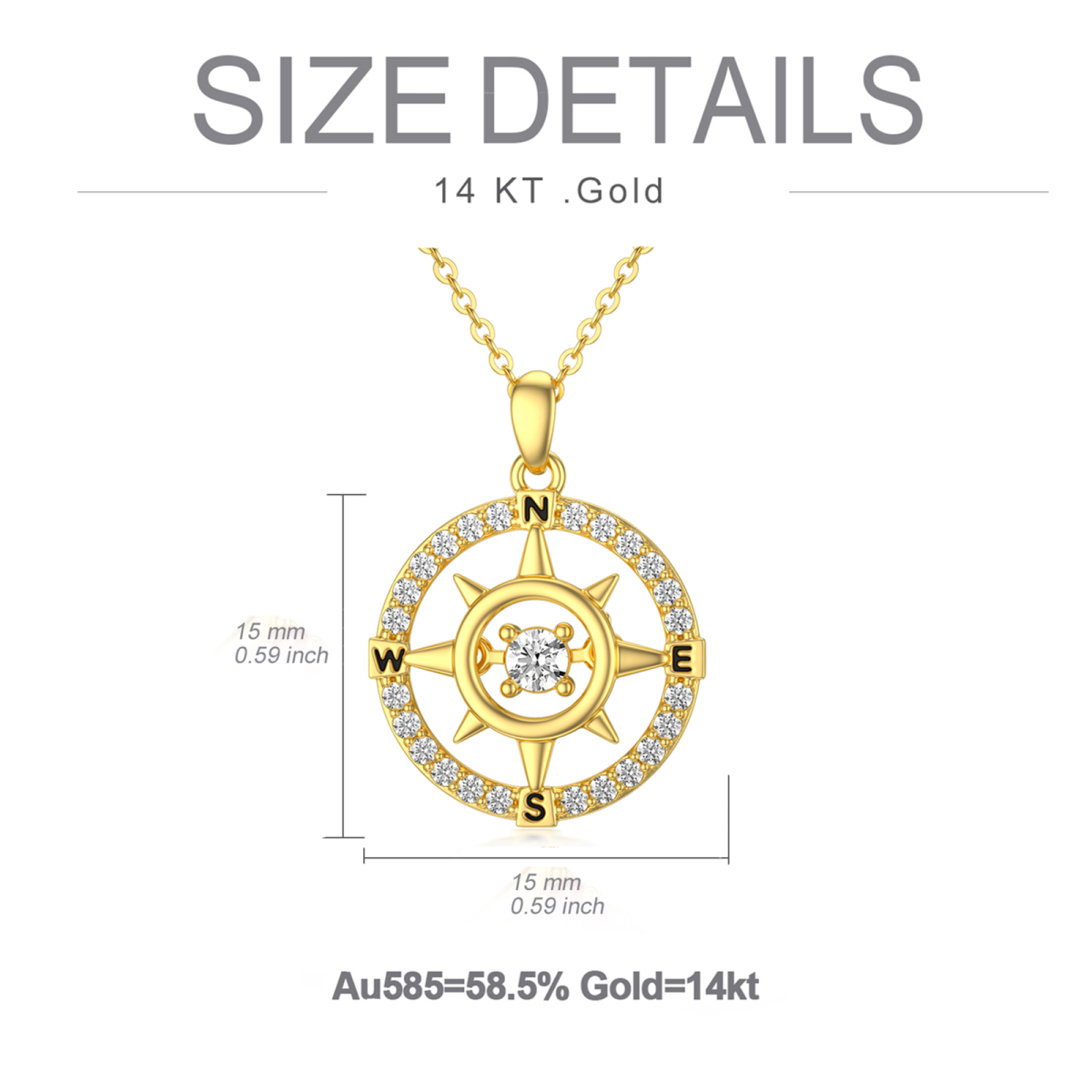 14K Gold Circular Cubic Zirconia Compass Pendant Necklace With Letter For Women-6