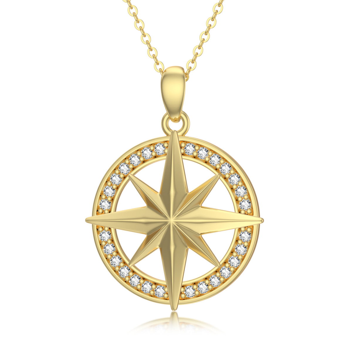 14K Gold Circular Shaped Cubic Zirconia Compass Pendant Necklace-1