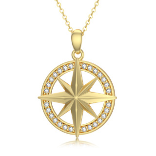 10K Gold Circular Shaped Cubic Zirconia Compass Pendant Necklace-14